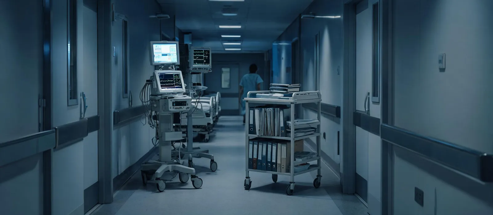 Hospital clinical engineering corridor with monitoring cart