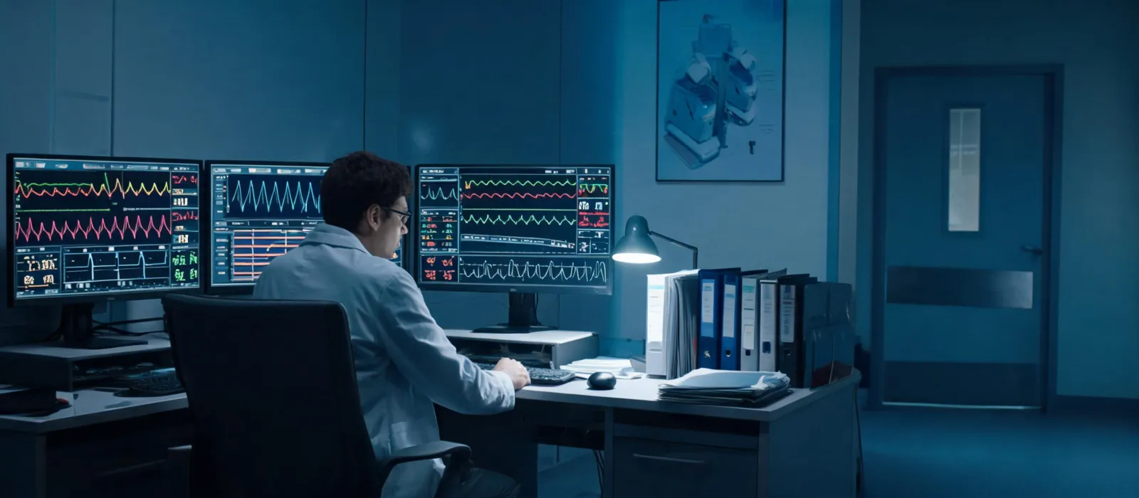Biomedical engineer reviewing connected device telemetry